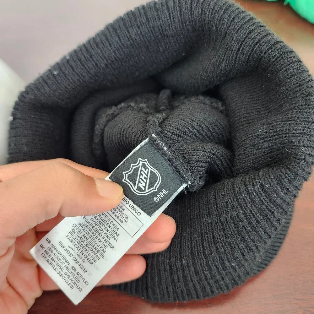 Adidas NHL Los Angeles Kings Beanie Black White Striped Pom Knit Hat One Size